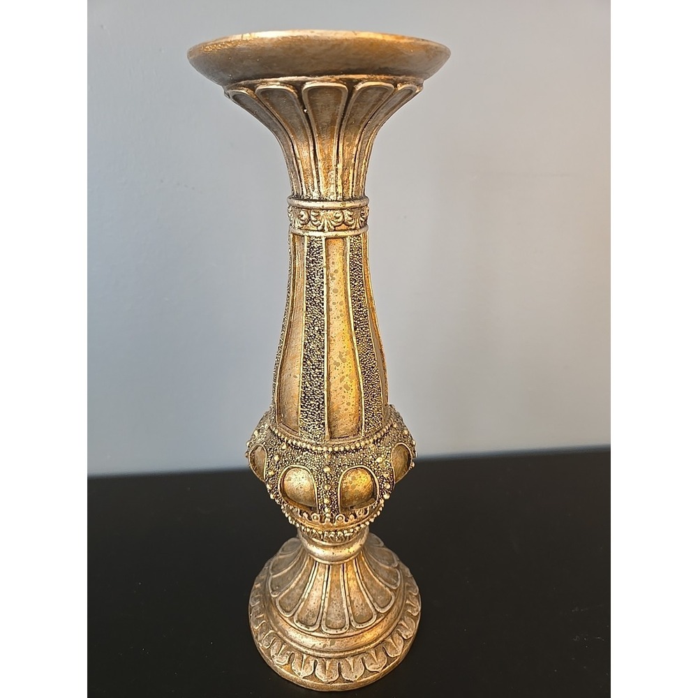 Silver Bronze Tone Embossed Beaded Pedestal Candle Holders 12" Tall Resin